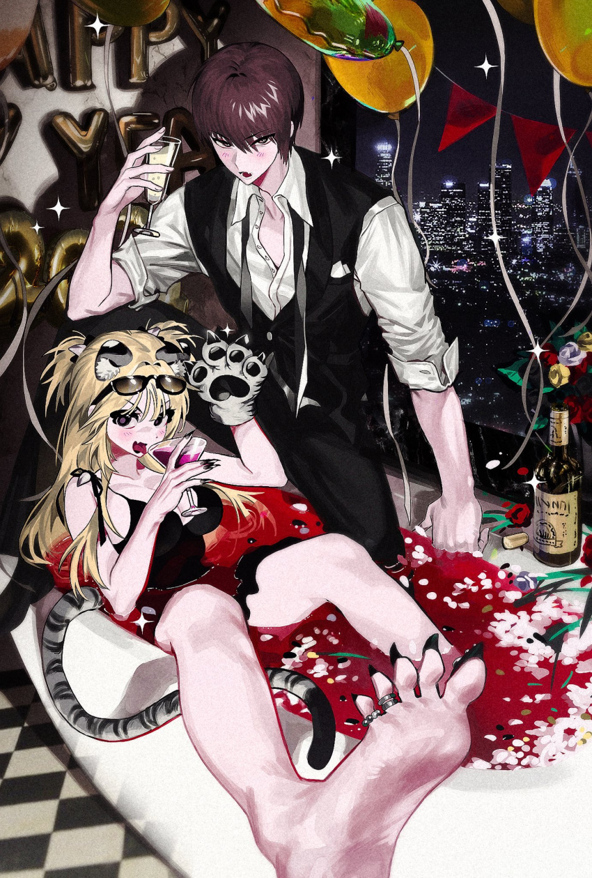 1girl 2pineapplepizza alcohol amane_misa animal_ears barefoot bathtub black_necktie blush bottle collared_shirt cup death_note drinking_glass eyewear_on_head flower highres holding holding_cup jacket legs letter_balloon long_hair looking_at_viewer loose_necktie necktie open_collar open_mouth petals red_flower red_rose red_wine rose rose_petals shirt smile soles suit_jacket swimsuit tail thighs white_flower white_rose white_shirt wine wine_bottle wine_glass yagami_light yellow_flower yellow_rose