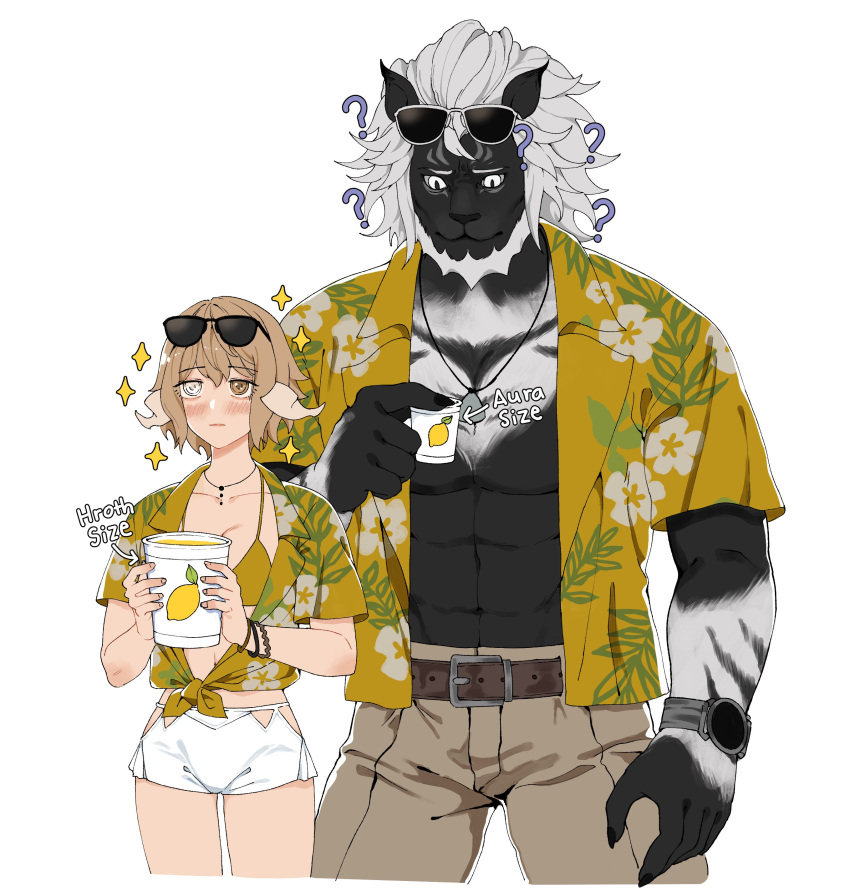 1boy 1girl ? abs absurdres au_ra belt bikini black_fur black_nails blush bracelet brown_eyes brown_pants closed_mouth cropped_legs cup dragon_horns final_fantasy final_fantasy_xiv grey_eyes hawaiian_shirt heterochromia highres holding holding_cup horns hrothgar jewelry juice lemonade looking_ahead looking_at_object mane naki_nyaki necklace pants shirt short_shorts shorts simple_background sparkle swimsuit toned toned_male two-tone_fur warrior_of_light_(ff14) watch white_background white_fur white_shorts wristwatch yellow_bikini