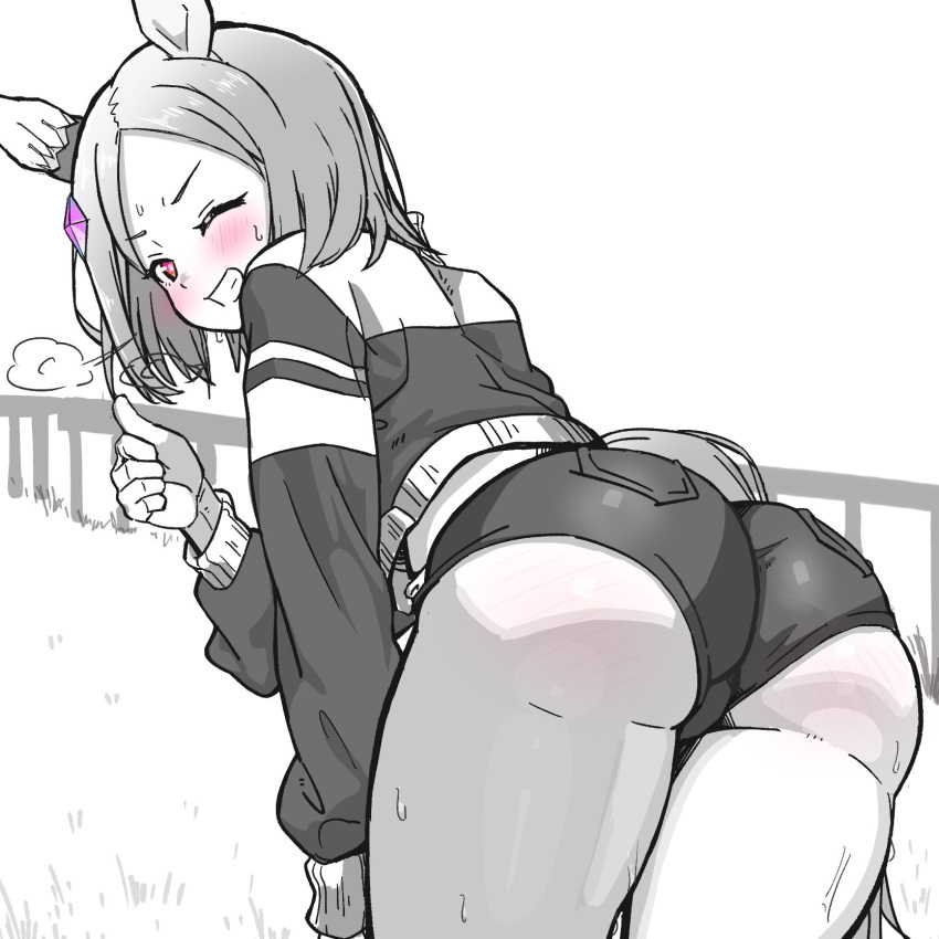 1girl ass ass_focus blush buruma clothing_cutout commentary_request cowboy_shot ear_covers ear_ornament from_behind greyscale grin heart highres jacket long_sleeves looking_back medium_hair monochrome narita_top_road_(umamusume) one_eye_closed short_sleeves simple_background single_ear_cover smile solo spot_color sweat thumbs_up track_jacket umamusume white_background yaki_apple