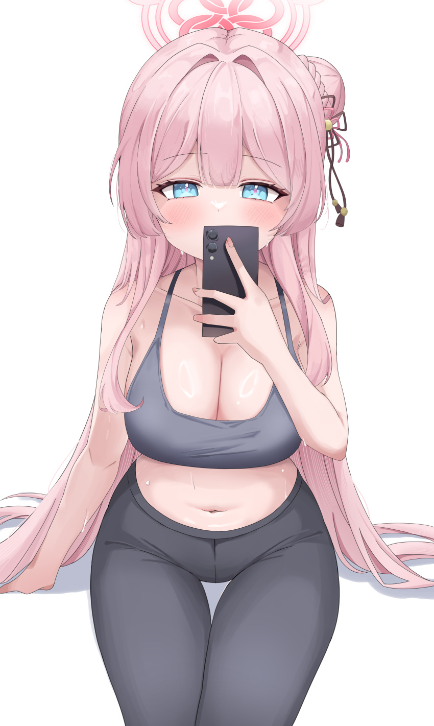 1girl absurdres black_pants blue_archive blue_eyes blush bra breasts cellphone cleavage collarbone commentary grey_bra hair_bun halo highres holding holding_phone korean_commentary large_breasts long_hair mimori_(blue_archive) navel pants phone pink_hair pink_halo simple_background single_side_bun sisong smartphone solo underwear white_background