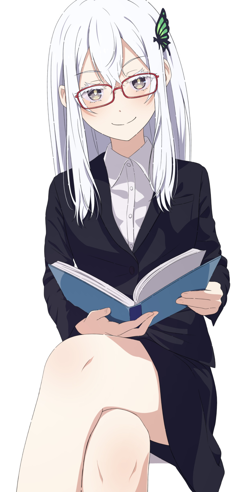 1girl absurdres black_skirt black_suit blush book bug business_suit butterfly butterfly_hair_ornament camui1104 crossed_legs echidna_(re:zero) formal glasses green_butterfly hair_between_eyes hair_ornament highres holding holding_book long_hair long_sleeves looking_at_viewer miniskirt office_lady pencil_skirt purple_eyes re:zero_kara_hajimeru_isekai_seikatsu red-framed_eyewear simple_background skirt skirt_suit smile solo suit white_background white_hair white_suit