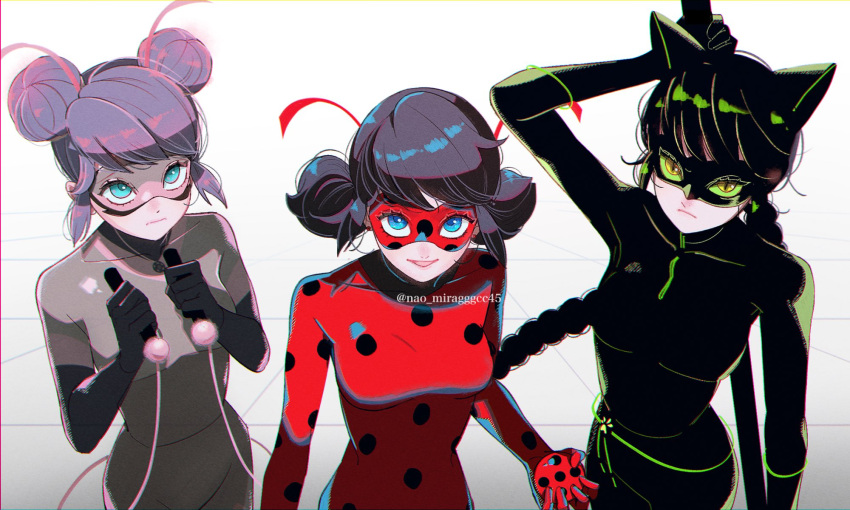 animal_ears black_bodysuit black_hair black_mask blue_eyes blue_hair bodysuit braid cat_ears cat_girl closed_mouth double_bun green_eyes grey_bodysuit grey_mask hair_bun highres lady_noir ladybug_(character) long_hair marinette_dupain-cheng mask miraculous_ladybug multimouse_(character) red_bodysuit red_mask seio_(nao_miragggcc45) short_twintails simple_background single_braid slit_pupils superhero_costume twintails yo-yo