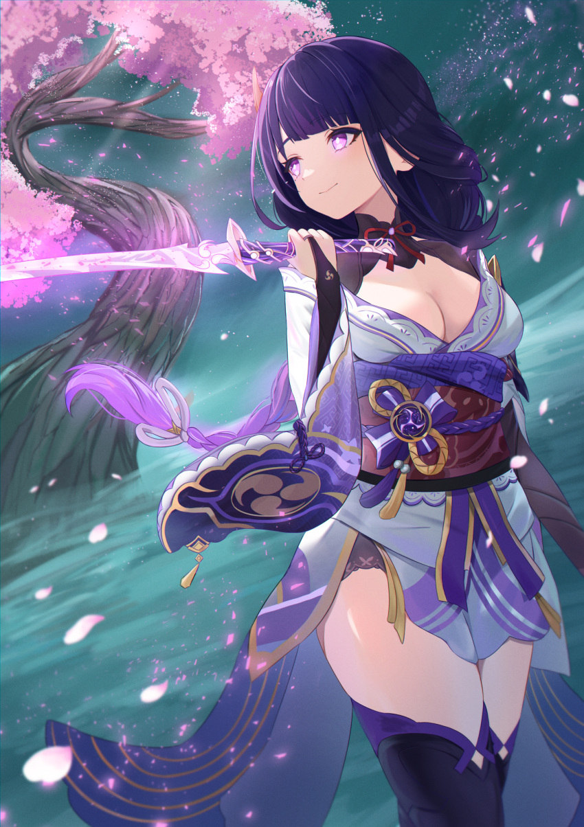 1girl armor blunt_bangs breasts bridal_gauntlets bright_pupils cherry_blossoms cleavage crossed_legs falling_petals fog genshin_impact gold_trim hair_ornament hand_up highres holding holding_sword holding_weapon japanese_clothes kimono light_particles light_rays long_hair looking_to_the_side medium_breasts mole mole_under_eye musou_isshin_(genshin_impact) obi petals print_kimono purple_eyes purple_hair purple_kimono purple_sash purple_thighhighs raiden_shogun sash sera_narumu shoulder_armor shrug_(clothing) sidelocks smile sword tassel thighhighs vision_(genshin_impact) weapon white_pupils