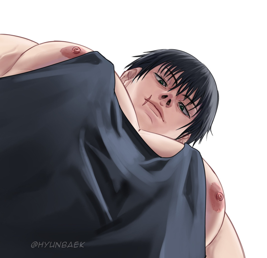 1boy bara black_eyes black_hair chavezpola8 from_below fushiguro_touji hair_between_eyes highres jujutsu_kaisen large_pectorals looking_at_viewer male_focus meme muscular muscular_male nipple_slip nipples pectorals scar scar_on_face scar_on_mouth short_hair simple_background solo twitter_username white_background yur_oc_like_this_(meme)