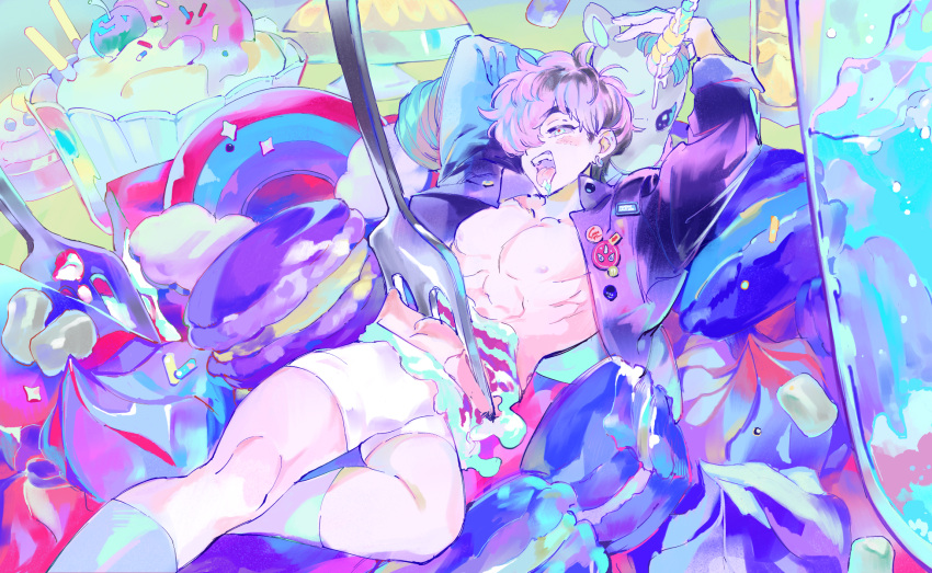 1boy arms_up blush boxers bulge cake candy cupcake food fork from_side hair_over_one_eye highres jacket jaemin107 lying macaron male_focus male_underwear nipples on_back open_clothes open_jacket open_mouth original pectorals purple_eyes rainbow smile socks sweets tongue tongue_out underwear unicorn white_socks