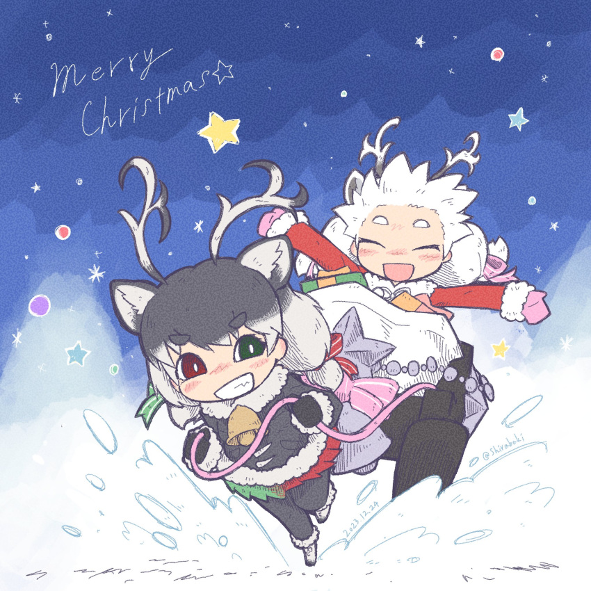 2girls animal_ears bell boots christmas deer_ears deer_girl extra_ears gift gloves grey_hair heterochromia highres horns jacket kemono_friends long_hair multiple_girls night night_sky pantyhose reindeer_(kemono_friends) ribbon santa_costume shirabaki skirt sky snow twintails white_hair white_reindeer_(kemono_friends)