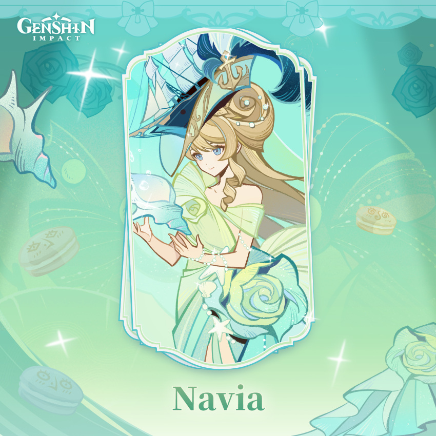 1girl blonde_hair blue_eyes boat dress drill_hair formal genshin_impact green_dress hat highres long_hair looking_at_viewer navia_(genshin_impact) official_alternate_costume official_alternate_hairstyle official_art open_mouth sail seashell shell single_bare_shoulder single_sidelock smile solo watercraft