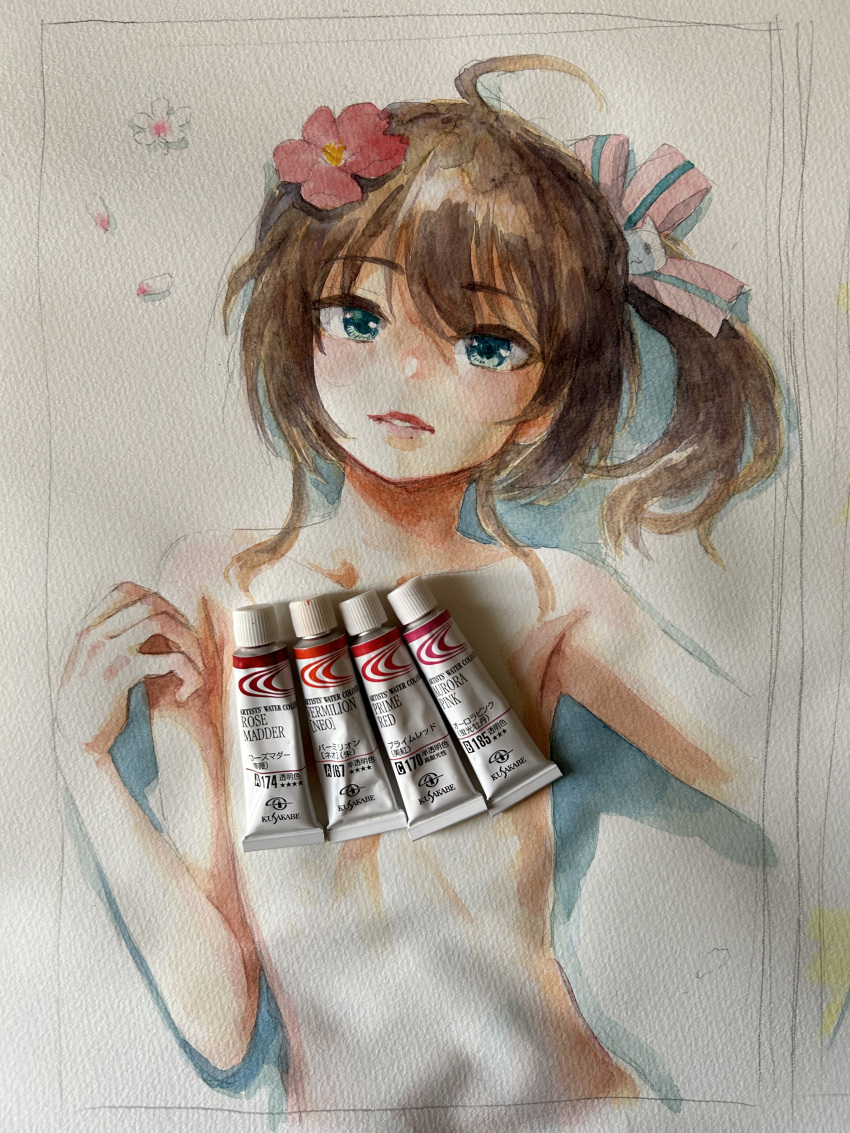 absurdres ahoge blue_eyes brown_hair flower hair_flower hair_ornament highres hololive looking_at_viewer medium_hair natsuiro_matsuri nude paint_tube painting_(medium) parted_lips photo_(medium) sabaku_chitai side_ponytail traditional_media upper_body virtual_youtuber watercolor_(medium)