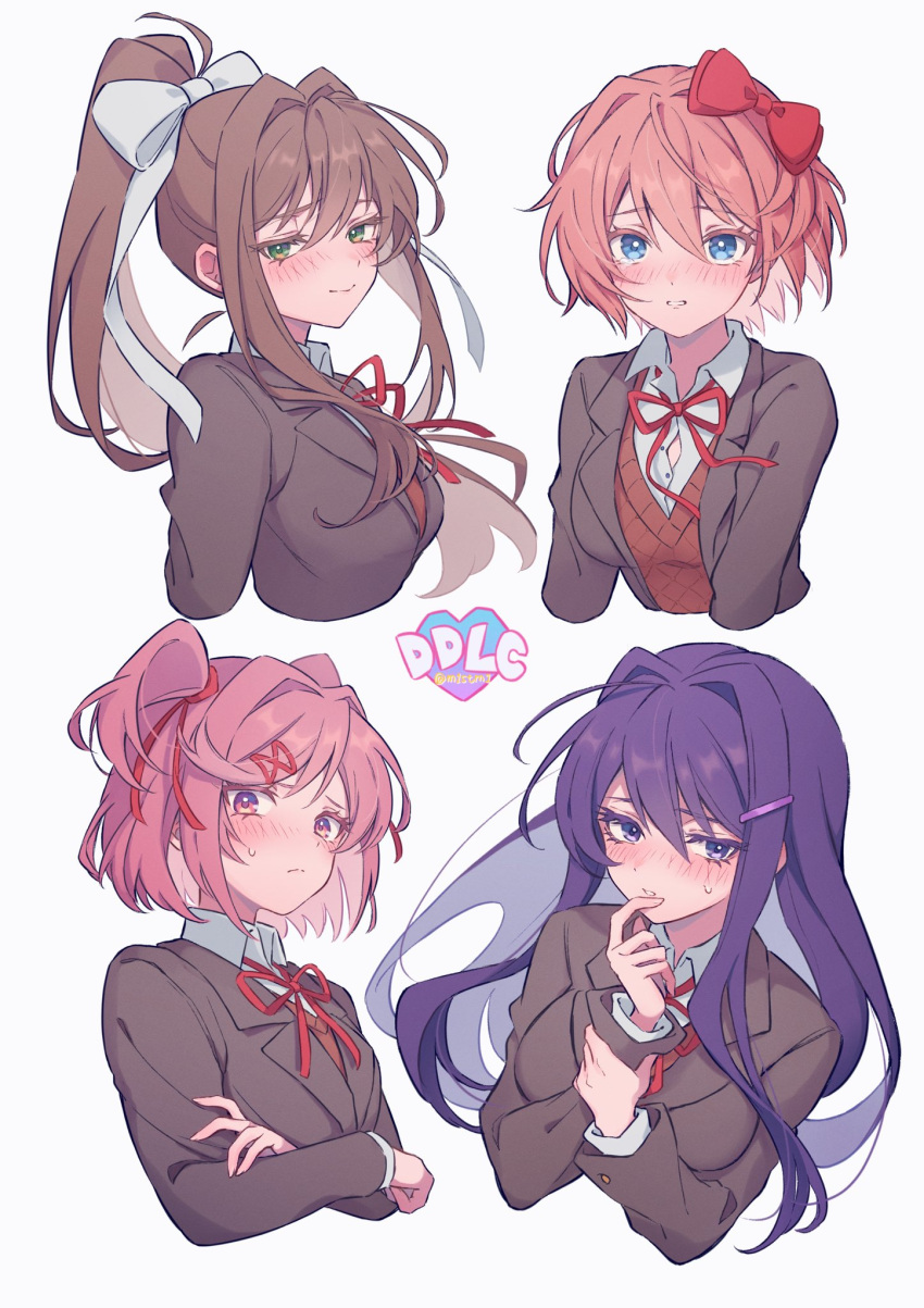 4girls blazer bow brown_hair brown_jacket closed_mouth doki_doki_literature_club green_eyes hair_bow hair_ornament hairclip highres jacket long_hair m1stm1 monika_(doki_doki_literature_club) multiple_girls natsuki_(doki_doki_literature_club) pink_hair ponytail purple_hair red_ribbon ribbon sayori_(doki_doki_literature_club) school_uniform short_hair white_bow yuri_(doki_doki_literature_club)