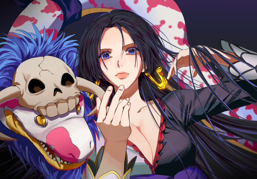 1girl animal black_hair blue_eyes boa_hancock closed_mouth commentary earrings fangs highres jewelry long_hair looking_at_viewer one_piece open_mouth salome_(one_piece) skull snake snake_earrings water4829