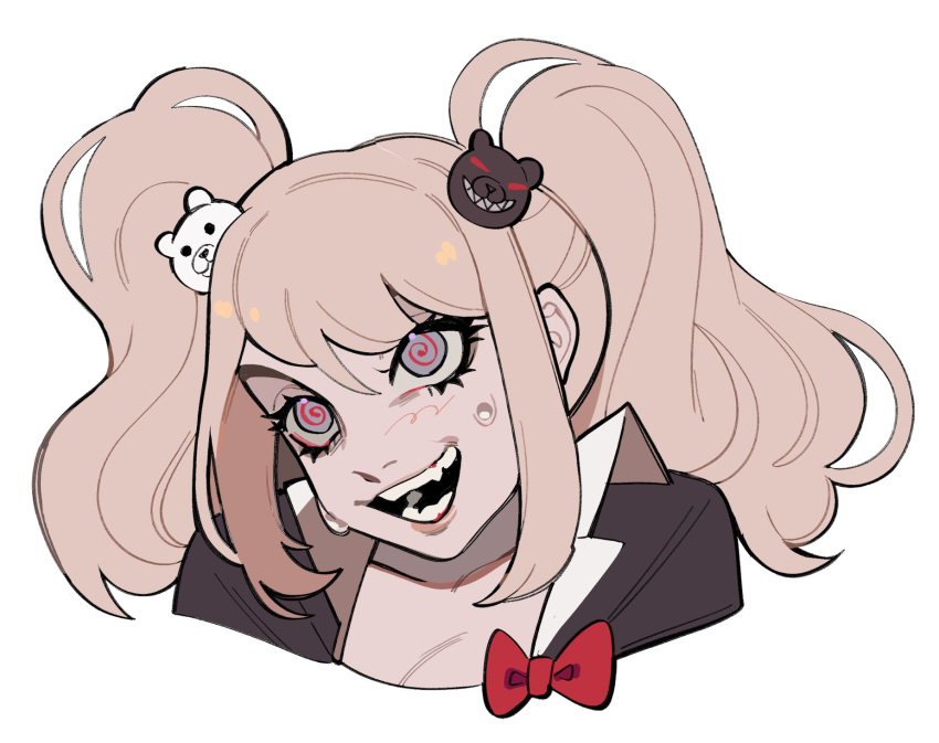 1girl :d @_@ bear_hair_ornament bow close-up danganronpa:_trigger_happy_havoc danganronpa_(series) enoshima_junko grey_eyes hair_ornament highres open_mouth pale_skin pink_hair porqueloin portrait red_bow red_pupils simple_background smile solo sweatdrop twintails white_background