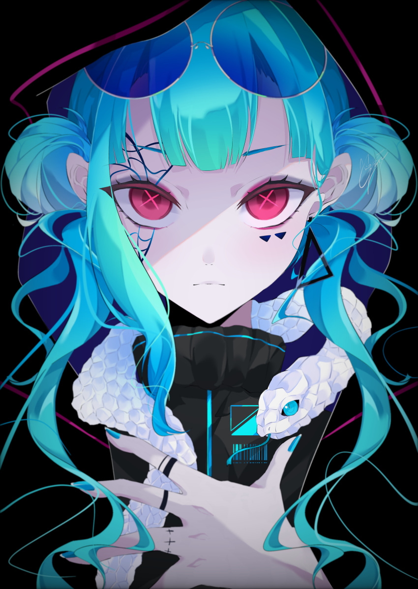 1girl absurdres aqua_hair black_nails blue_nails double_bun earrings eyewear_on_head facial_tattoo goma_irasuto goth_fashion hair_bun highres hood hood_up jewelry long_hair looking_at_viewer nail_polish original pink_eyes snake sunglasses tattoo