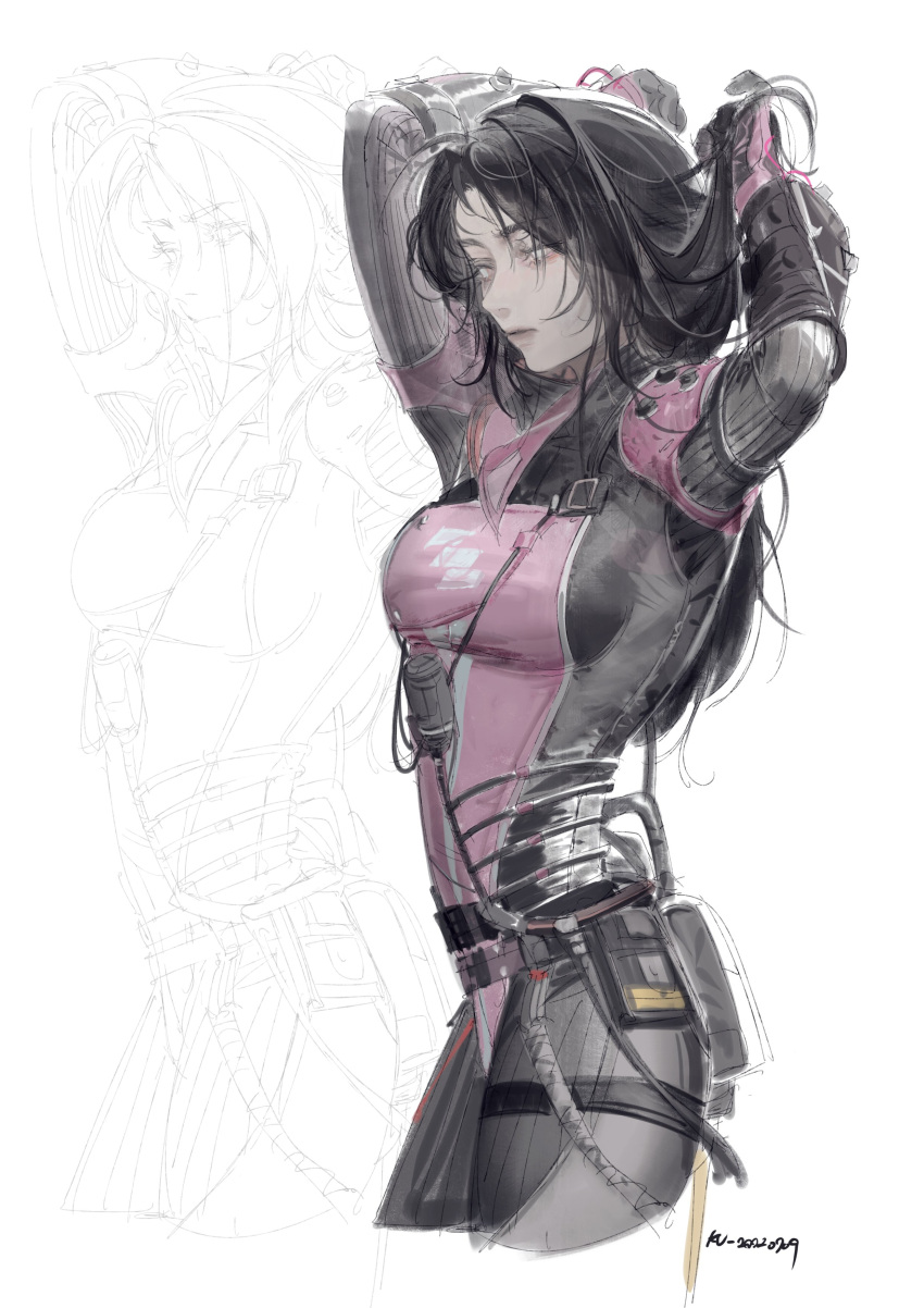 1girl absurdres alternate_hairstyle apex_legends black_bodysuit black_gloves black_hair bodysuit cable expressionless gloves grey_lips highres holding_own_hair kurikabacha long_hair looking_down no_pupils pale_skin pink_bodysuit pink_gloves solo two-tone_bodysuit two-tone_gloves void_specialist_wraith white_background white_eyes wraith_(apex_legends)