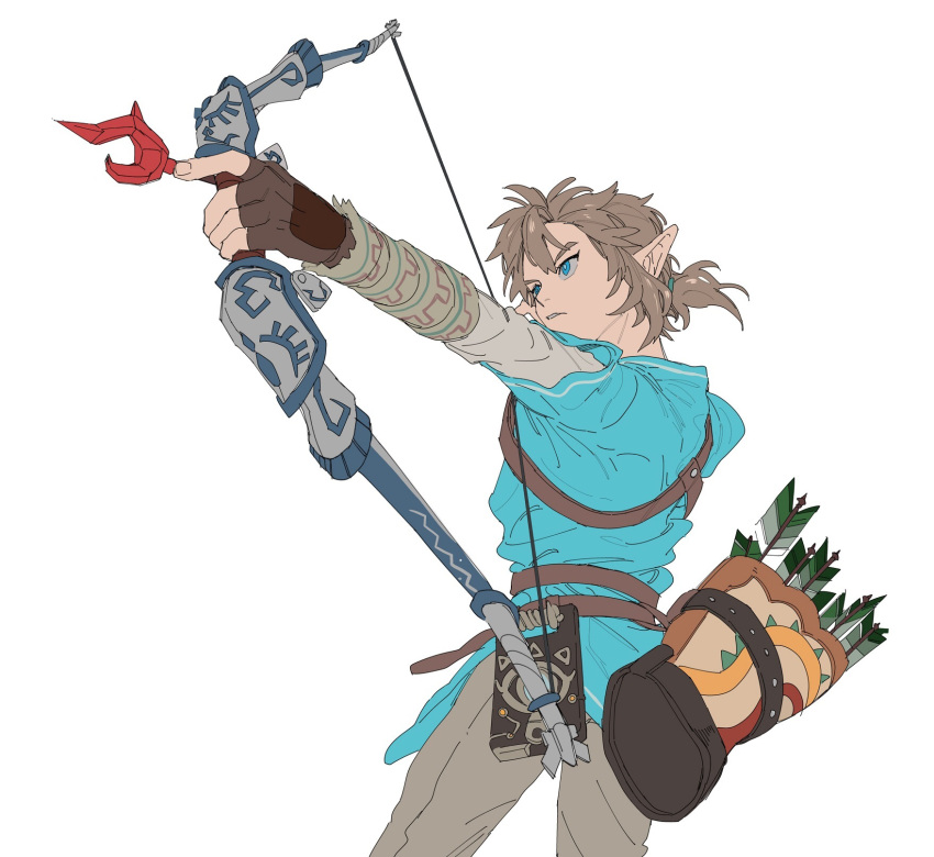 1boy aiming arrow_(projectile) blonde_hair blue_eyes blue_shirt bow_(weapon) gloves gyou_chin highres holding holding_bow_(weapon) holding_weapon link male_focus shirt short_ponytail strap the_legend_of_zelda the_legend_of_zelda:_breath_of_the_wild weapon