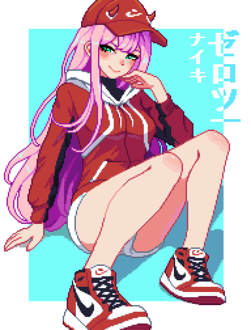 1girl absurdres baseball_cap darling_in_the_franxx green_eyes hat highres horns japanese_ranguage long_hair looking_at_viewer nike_(company) pink_hair pixel_art ranguage red_horns solo yumykon zero_two_(darling_in_the_franxx)