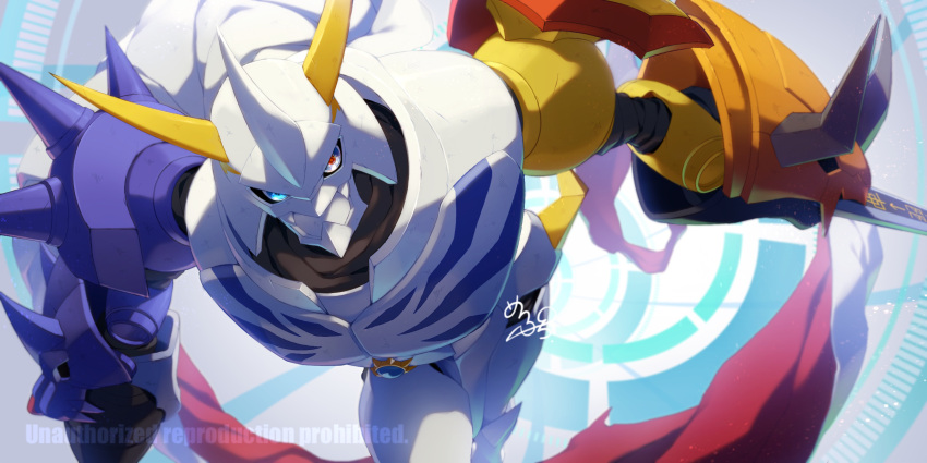 arm_blade arm_cannon bent_over blue_eyes cape cowboy_shot digimon digimon_adventure digimon_adventure:_bokura_no_war_game heterochromia highres horns maplo mecha multicolored_cape multicolored_clothes multiple_heads no_humans omegamon red_cape red_pupils robot signature sword two-tone_cape watermark weapon white_cape