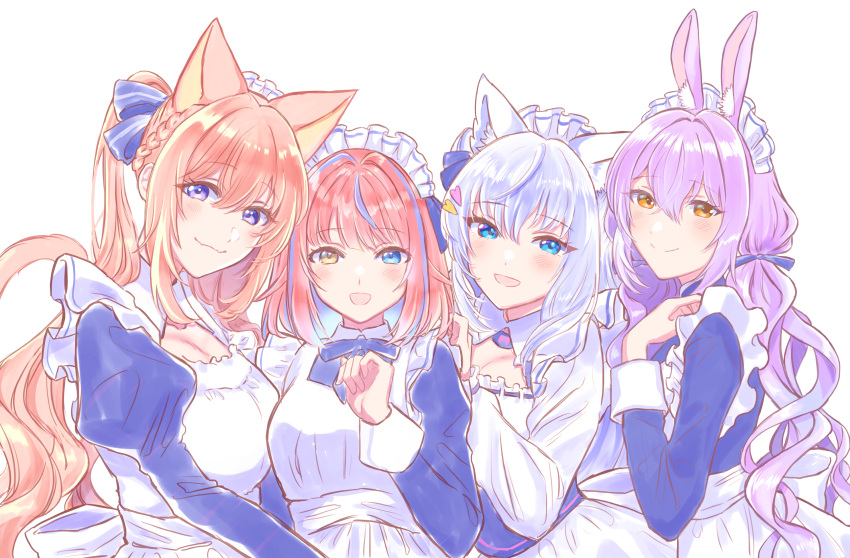 4girls absurdres animal_ears apron blue_dress blue_eyes blue_ribbon blush braid cat_ears cat_girl cat_tail closed_mouth commentary_request dress enomiya_milk fang french_braid hair_ornament hair_ribbon hand_on_another's_shoulder heart heart_hair_ornament heterochromia highres himesaki_yuzuru juliet_sleeves kurumizawa_momo_(noripro) long_hair long_sleeves looking_at_viewer maid maid_apron maid_headdress multiple_girls neck_ribbon noripro open_mouth orange_eyes orange_hair puffy_sleeves purple_eyes purple_hair rabbit_ears ribbon shirayuki_mishiro simple_background skin_fang smile tail upper_body virtual_youtuber white_apron white_background yellow_eyes yuri_kyanon