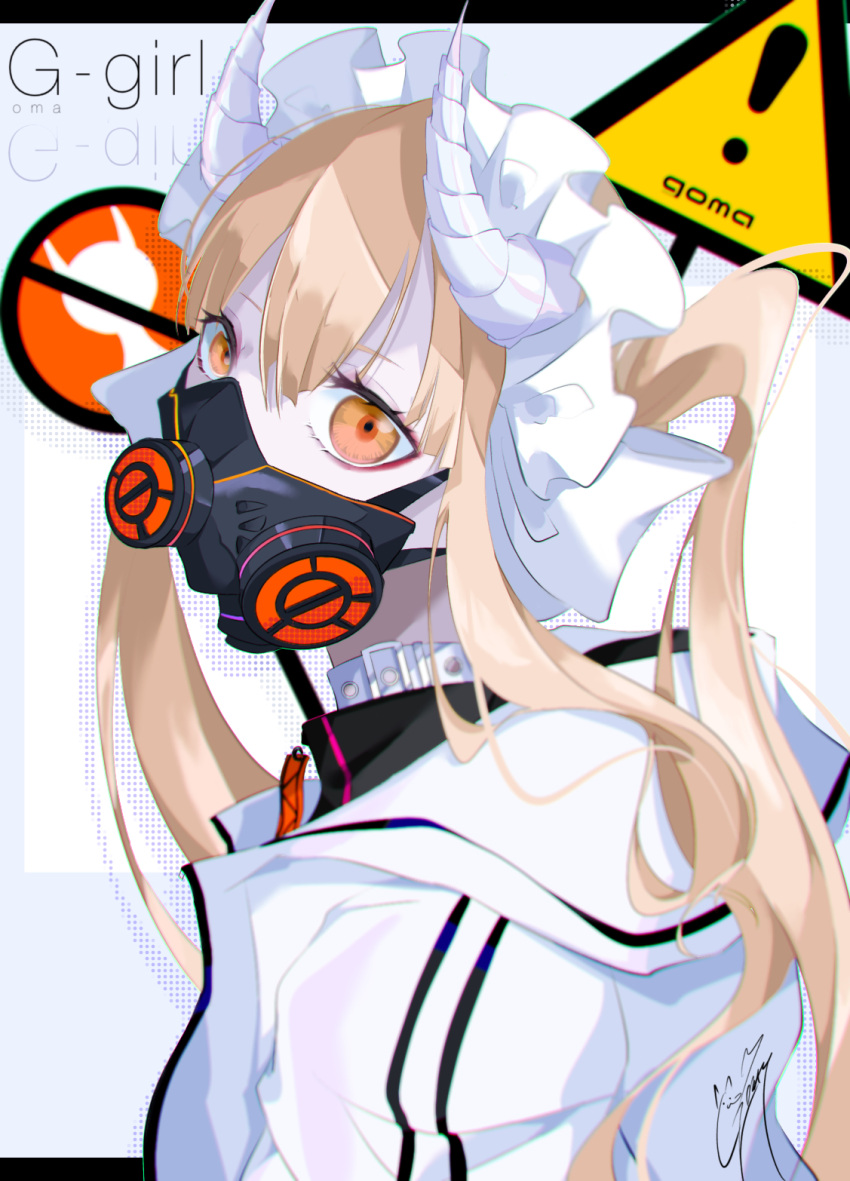 1girl blonde_hair english_text gas_mask goma_irasuto highres long_hair looking_at_viewer mask original sign simple_background solo sweater twintails white_background white_sweater yellow_eyes