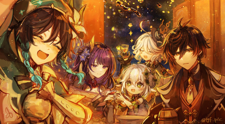 2boys 3girls ahoge arm_up beer_mug black_gloves black_hair blue_hair brown_hair closed_eyes closed_mouth coat cup flower furina_(genshin_impact) genshin_impact gloves gradient_hair green_eyes hair_ornament hat highres holding holding_cup japanese_clothes long_hair mole mole_under_eye mug multicolored_hair multiple_boys multiple_girls nahida_(genshin_impact) night open_mouth pointy_ears purple_eyes purple_hair raiden_shogun tgf_pic top_hat twitter_username venti_(genshin_impact) water white_flower white_hair zhongli_(genshin_impact)