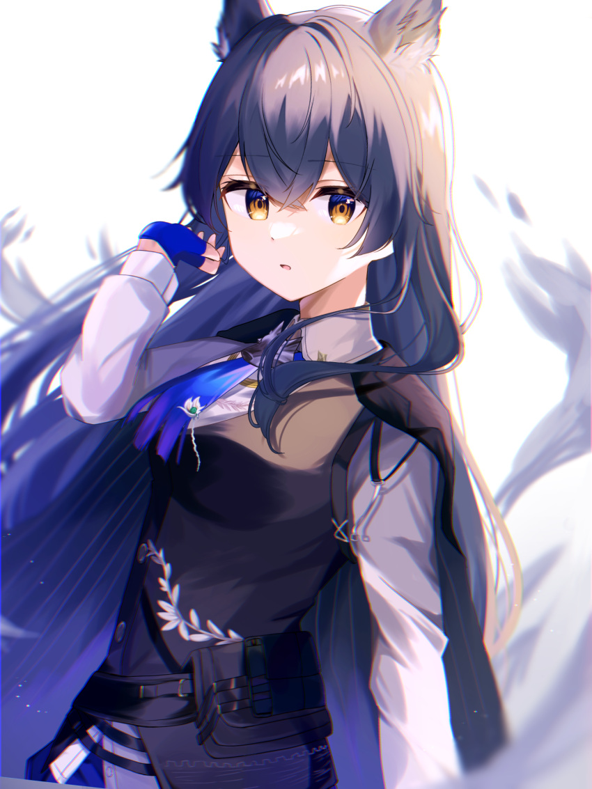 1girl :o animal_ears arknights black_cape black_vest blue_gloves blurry cape chromatic_aberration collared_shirt crossed_bangs fingerless_gloves gloves grey_hair hair_between_eyes hand_up highres long_hair long_sleeves looking_at_viewer nishimiya_aki official_alternate_costume parted_lips pouch shirt solo texas_(arknights) texas_the_omertosa_(arknights) upper_body vest white_background white_shirt wolf_ears wolf_girl yellow_eyes