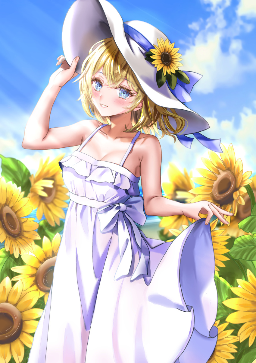 1girl bare_shoulders beach blonde_hair blue_bow blue_eyes blue_sky bow cloud cloudy_sky collarbone crossed_bangs dress field floating_hair flower flower_field frilled_dress frills hair_between_eyes hair_bow hand_on_headwear hands_up hat hat_flower highres light_blush light_rays looking_at_viewer medium_hair nqa22616 ocean original outdoors parted_lips sidelocks skirt_hold sky smile spaghetti_strap sun_hat sunbeam sunflower sunflower_field sunlight underbust white_bow white_dress white_hat