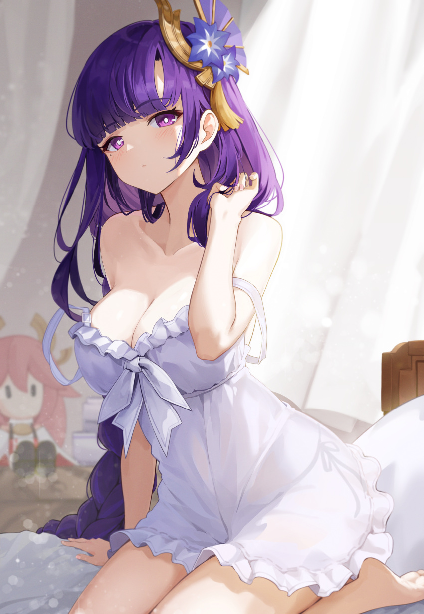 1girl absurdres alternate_costume bare_shoulders blunt_bangs blush breasts character_doll cleavage collarbone curtains dot_mouth film_grain genshin_impact hair_ornament hand_up highres long_hair looking_at_viewer low-braided_long_hair low-tied_long_hair medium_breasts off_shoulder on_bed opm7760 panties playing_with_own_hair purple_eyes purple_hair raiden_shogun seiza side-tie_panties sidelocks sitting solo stuffed_toy underwear white_chemise yae_miko