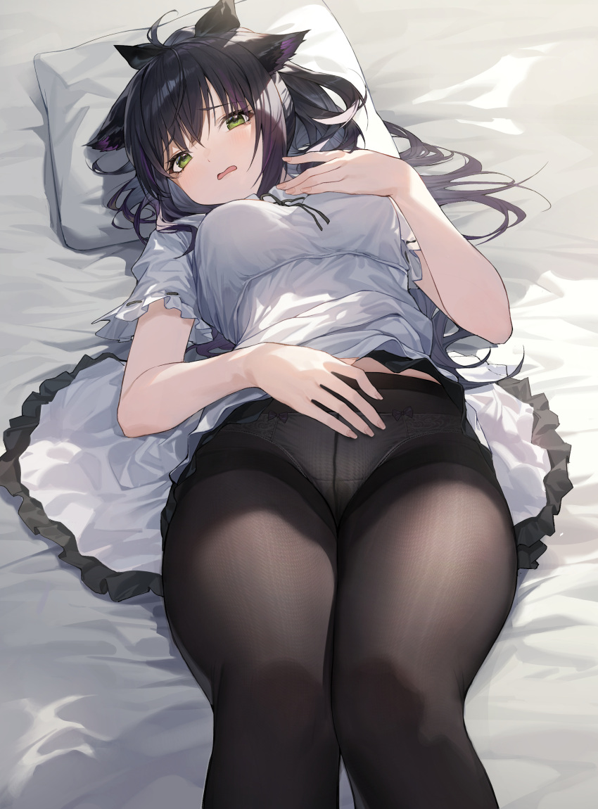 1girl absurdres animal_ear_fluff animal_ears arknights bed_sheet black_hair black_pantyhose breasts cat_ears commentary feet_out_of_frame fine_fabric_emphasis floppy_ears frills gathers green_eyes hand_on_own_chest hand_on_own_stomach high_ponytail highres jessica_(arknights) lace lace_panties long_hair looking_at_viewer lying medium_breasts multicolored_hair on_back panties panties_under_pantyhose pantyhose parted_lips pillow purple_hair shirt short_sleeves sishui_liuyue solo tearing_up two-tone_hair underwear wavy_mouth white_panties white_shirt