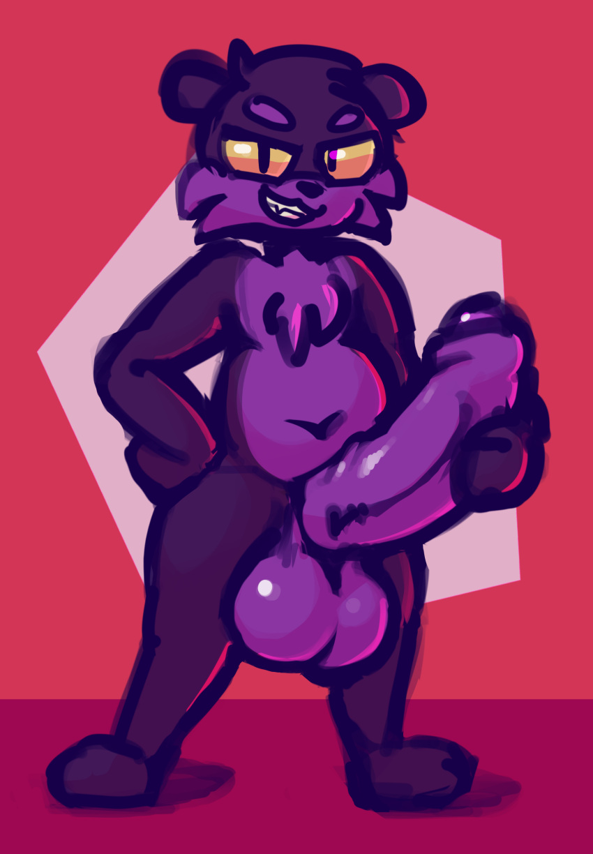 2022 absurd_res anthro balls bear big_balls big_penis chest_tuft digital_media_(artwork) dusk_(panickingad) eyebrows fur genitals hi_res holding_penis male mammal navel panickingad penis purple_body purple_fur red_background simple_background slightly_chubby slightly_chubby_anthro slightly_chubby_male solo tuft yellow_sclera