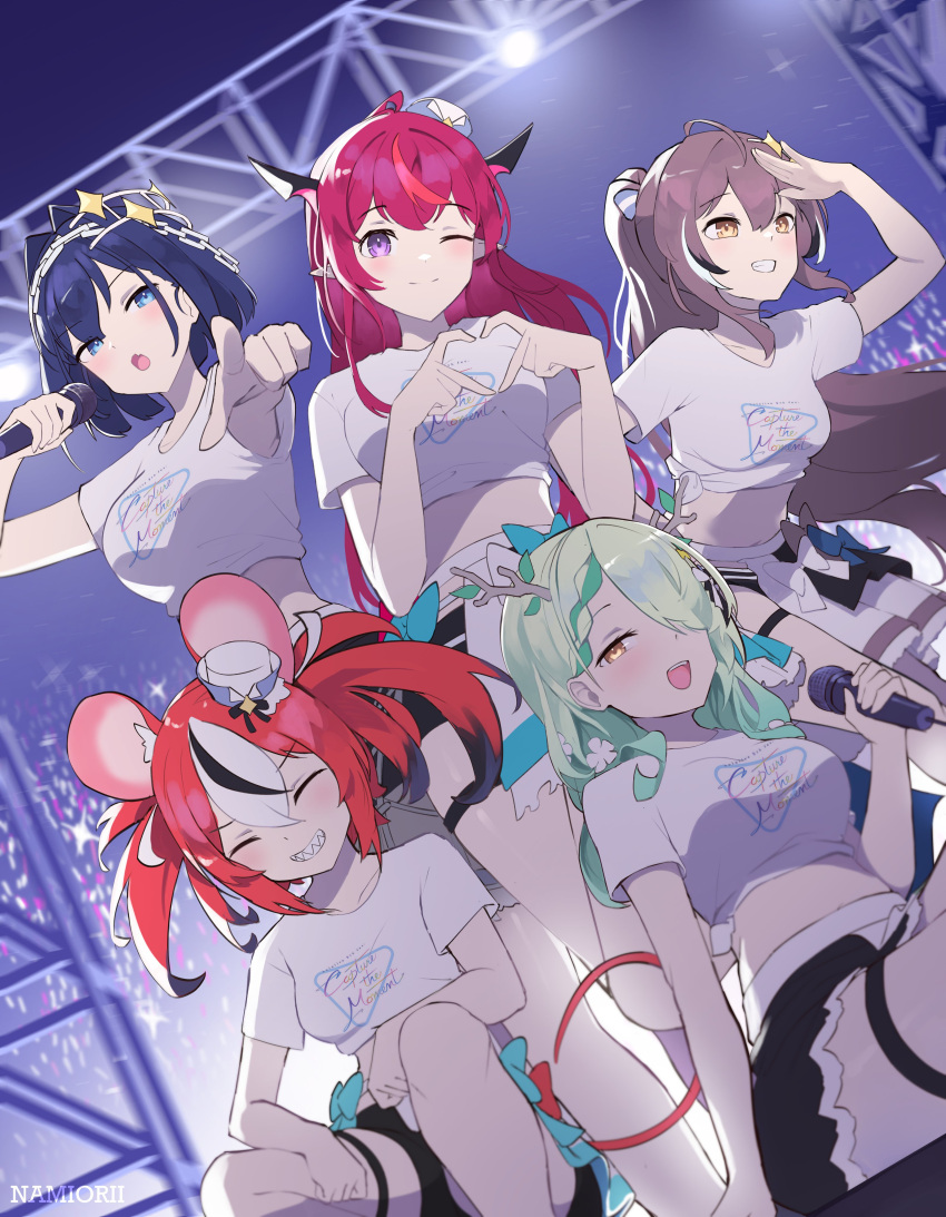 5girls absurdres ahoge animal_ears antlers black_hair black_shorts black_skirt blue_eyes blue_hair blush brown_eyes brown_hair ceres_fauna closed_eyes closed_mouth green_hair hair_over_one_eye hakos_baelz heart heart_hands highres holding holding_microphone holocouncil hololive hololive_english hololive_idol_uniform_(bright) horns irys_(hololive) long_hair microphone mouse_ears mouse_girl mouse_tail multicolored_hair multiple_girls namiorii nanashi_mumei official_alternate_costume open_mouth ouro_kronii pointing pointing_at_viewer pointy_ears ponytail purple_eyes red_hair sharp_teeth shirt shorts skirt smile streaked_hair tail teeth thigh_strap twintails two-tone_hair virtual_youtuber white_hair white_shirt yellow_eyes