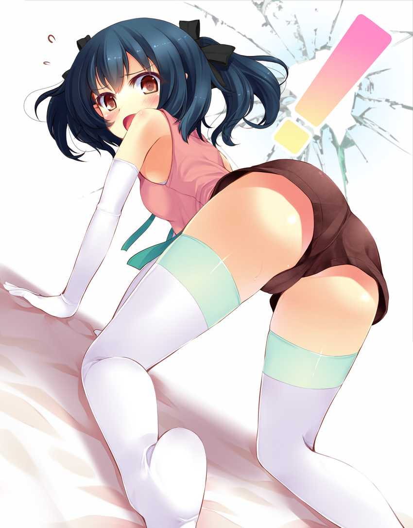 1girl all_fours ayame_(komone_ushio) bad_id bad_pixiv_id blue_hair blush bra brown_eyes elbow_gloves fang gloves hair_ribbon highres komone_ushio lingerie long_legs looking_back open_mouth original ribbon short_twintails shorts solo surprised thighhighs twintails underwear white_bra white_legwear