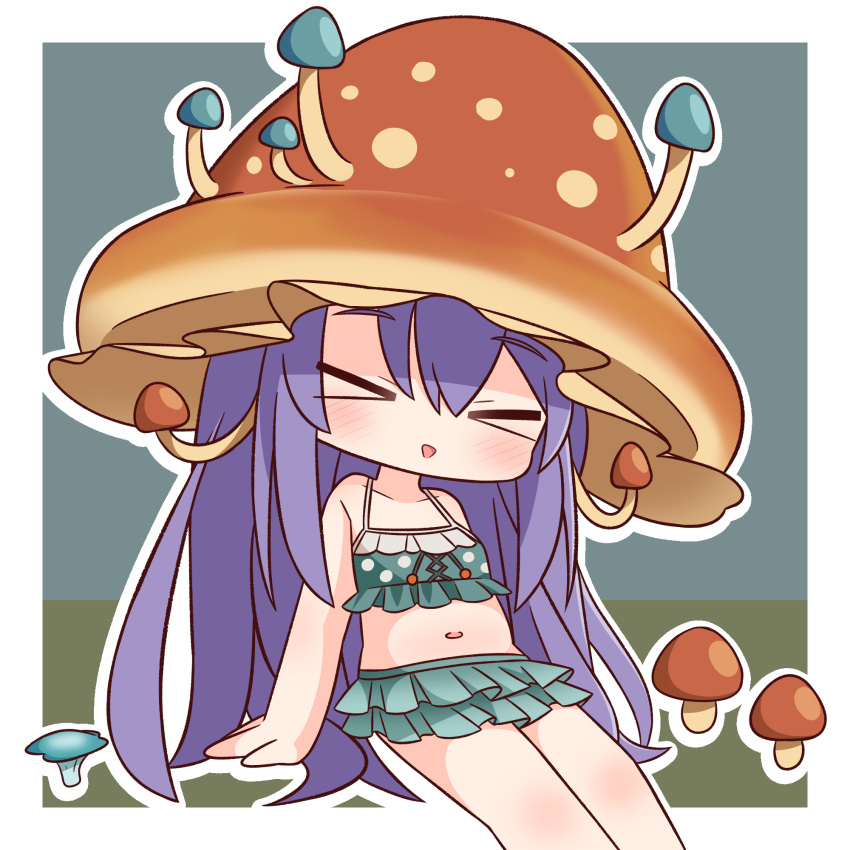 &gt;_&lt; 1girl :d bare_arms bare_shoulders bikini blue_bikini breasts character_request chibi closed_eyes collarbone facing_viewer feet_out_of_frame frilled_bikini frills granblue_fantasy hair_between_eyes hana_kazari highres long_hair mushroom mushroom_hat navel outline polka_dot polka_dot_bikini purple_hair sitting small_breasts smile solo swimsuit very_long_hair white_outline xd