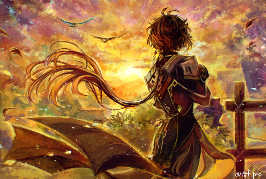 1boy bird black_gloves black_hair brown_hair bush cloud coat fence from_behind genshin_impact gloves highres long_hair long_sleeves male_focus orange_hair outdoors ponytail sky solo tgf_pic twitter_username very_long_hair vision_(genshin_impact) zhongli_(genshin_impact)