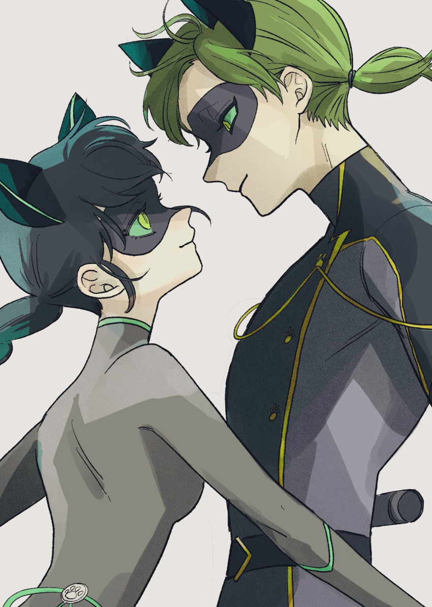 1boy 1girl adrien_agreste animal_ears black_bodysuit black_hair black_mask bodysuit braid cat_ears cat_girl chat_walker closed_mouth green_eyes green_hair grey_background highres hoshi_mi lady_noir long_hair looking_at_another marinette_dupain-cheng mask miraculous_ladybug simple_background single_braid slit_pupils smile superhero_costume