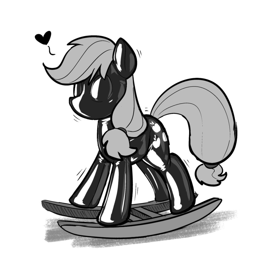 applejack_(mlp) clothing cutie_mark_print female feral friendship_is_magic hasbro heart_symbol hi_res latex latex_clothing latex_skinsuit lettuce_(artist) monochrome my_little_pony rocking_horse rubber_clothing sensory_deprivation shaking skinsuit solo tight_clothing trembling