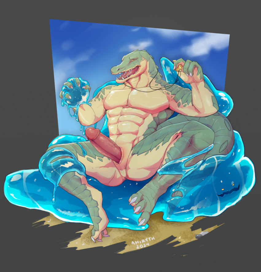 3_toes 4_fingers abs amiryth animal_genitalia anthro blue_sky butt claws cloud crocodile crocodilian crocodylid erection feet fingers genital_slit genitals goo_creature hi_res league_of_legends male multicolored_body navel nude open_mouth pecs penis renekton reptile riot_games scales scalie sky solo spread_legs spreading tail toe_claws toes tongue two_tone_body whistle_(object) yellow_eyes zac_(lol)