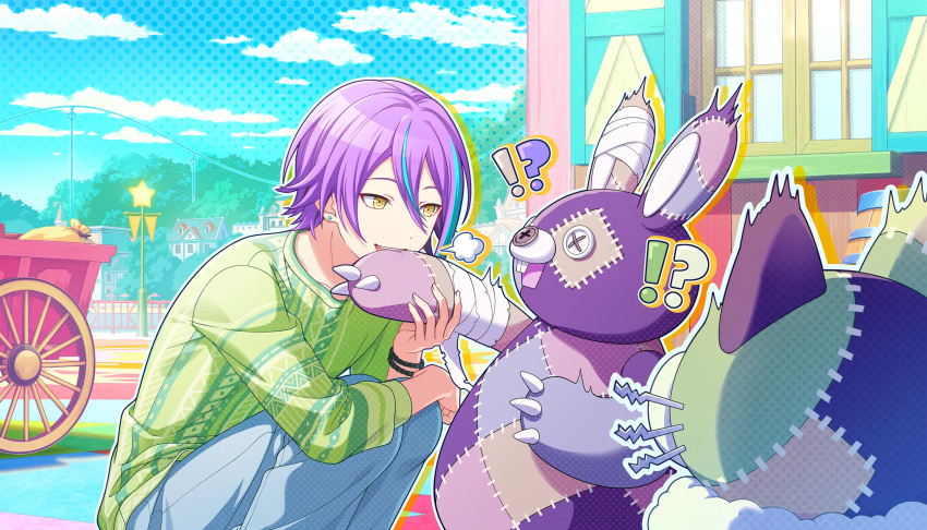 1boy colorful_palette creature earrings green_shirt highres hoshi_o_mezashite_yoosoroo!_(project_sekai) jewelry kamishiro_rui long_sleeves looking_at_another multicolored_hair official_art project_sekai purple_hair shirt solo squatting streaked_hair stud_earrings stuffed_animal stuffed_toy yellow_eyes