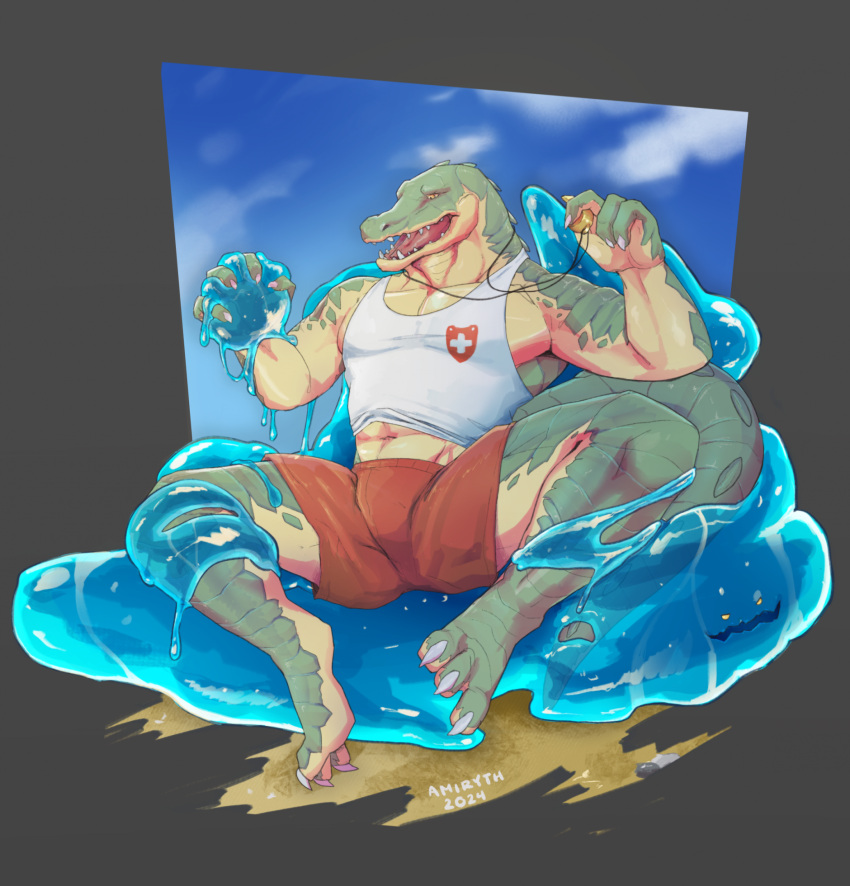 3_toes 4_fingers abs amiryth anthro blue_sky bottomwear claws clothed clothing clothing_lift cloud crocodile crocodilian crocodylid feet fingers goo_creature hi_res league_of_legends male multicolored_body navel open_mouth pecs red_bottomwear red_clothing red_shorts renekton reptile riot_games scales scalie shirt shirt_lift shorts sky solo spread_legs spreading tail toe_claws toes tongue topwear two_tone_body whistle_(object) white_clothing white_shirt white_topwear yellow_eyes zac_(lol)