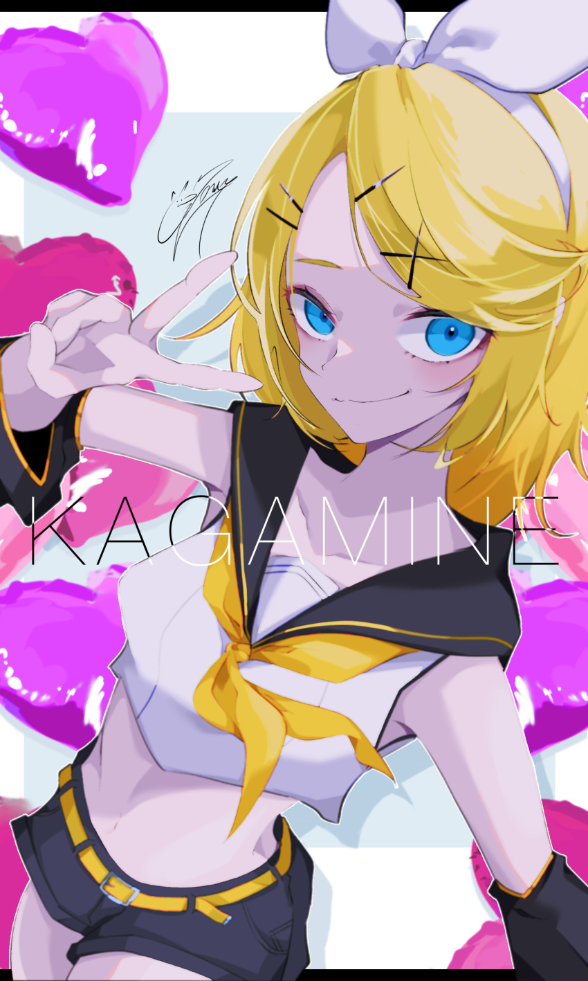 1girl absurdres black_shorts blonde_hair blue_eyes character_name closed_mouth commentary detached_sleeves english_text goma_irasuto hair_ornament hairclip headset highres kagamine_rin looking_at_viewer neckerchief necktie shorts smile v vocaloid yellow_nails yellow_neckerchief yellow_necktie