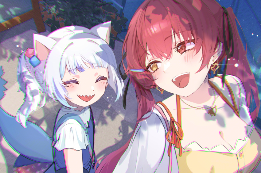 2girls animal_ears bag black_ribbon blush breasts cat_ears cleavage closed_eyes collarbone cube_hair_ornament earrings elderflower fins fish_tail gawr_gura hair_ornament hair_ribbon handbag heart heart_earrings heart_necklace heterochromia highres hololive hololive_english houshou_marine jewelry long_hair looking_at_another multicolored_hair multiple_girls necklace open_mouth outdoors plant red_hair ribbon shark_girl shark_tail sharp_teeth short_hair size_difference smile tail teeth tongue twintails two-tone_hair white_hair