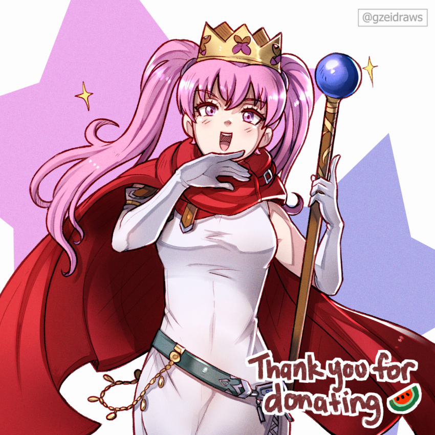 1girl :d belt breasts cape commentary cowboy_shot crown dress fire_emblem fire_emblem:_the_blazing_blade gloves grey_belt gzei highres holding holding_staff long_hair looking_at_viewer open_mouth pink_hair purple_eyes red_cape serra_(fire_emblem) sleeveless sleeveless_dress small_breasts smile solo staff standing twintails very_long_hair white_dress white_gloves