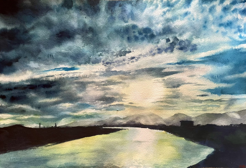 blue_sky building cloud cloudy_sky highres horizon looking_at_viewer miyagi_prefecture mountain mountainous_horizon no_humans original outdoors painting_(medium) reflection reflective_water river riverbank scenery shadow shibakaka sky sky_focus sun sunlight sunset traditional_media water