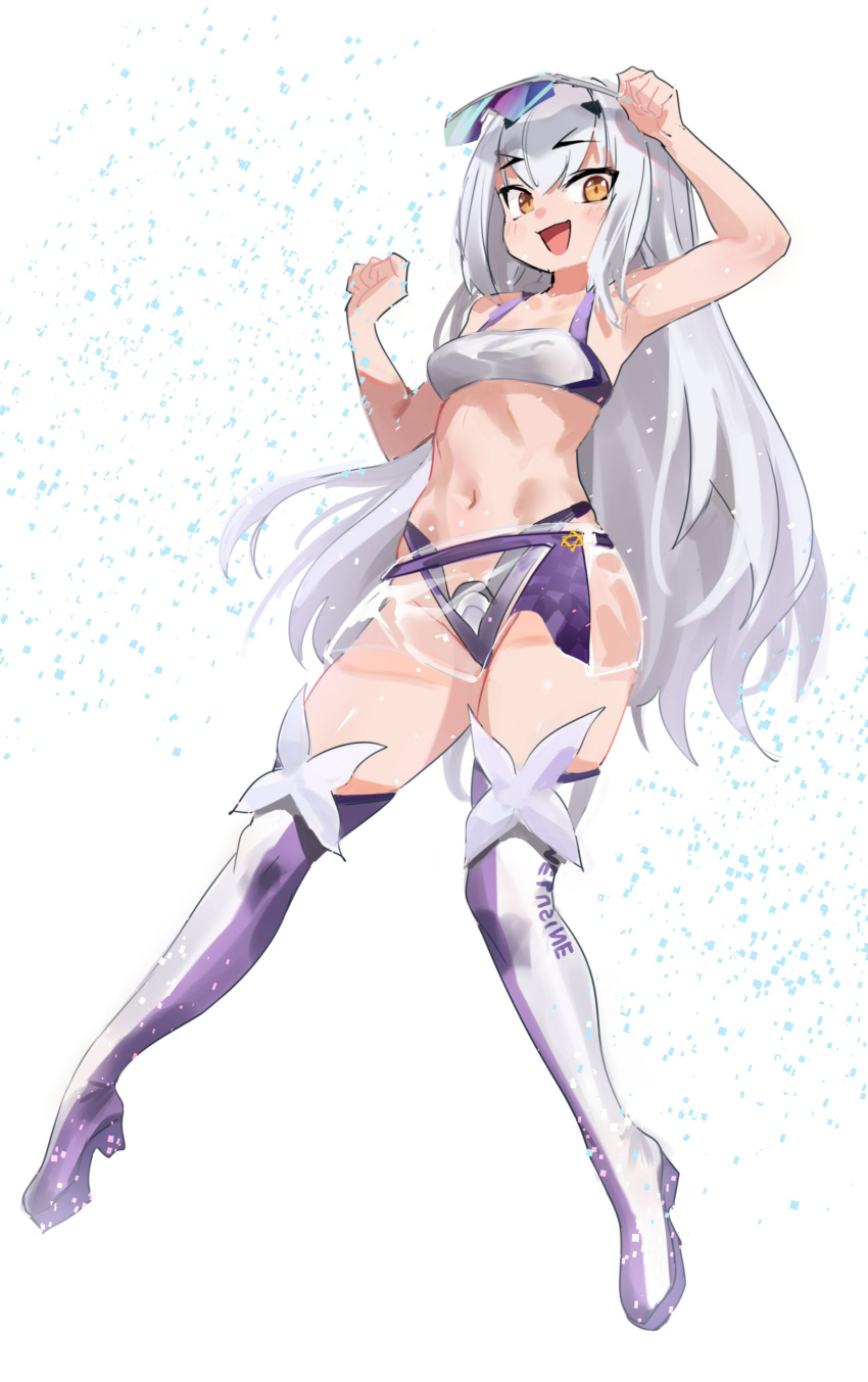 1girl absurdres bare_shoulders bikini blush boots breasts collarbone das_(dan_dan) fate/grand_order fate_(series) forked_eyebrows full_body highres long_hair looking_at_viewer melusine_(fate) miniskirt navel open_mouth purple_bikini purple_footwear see-through see-through_skirt sidelocks skirt small_breasts smile solo sunglasses swimsuit thigh_boots tinted_eyewear two-tone_bikini white_bikini white_footwear white_hair yellow_eyes