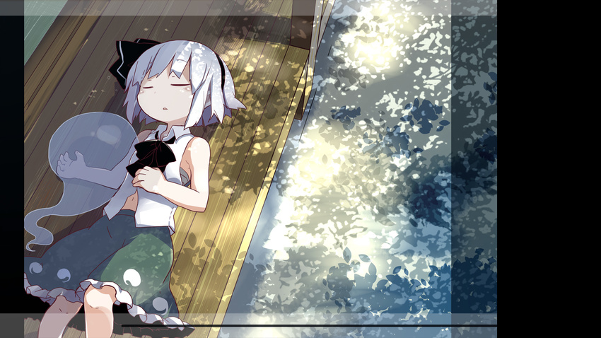 dollar ghost hair_ribbon highres konpaku_youmu konpaku_youmu_(ghost) lying midriff on_back open_clothes open_shirt porch ribbon sarashi shadow shirt short_hair silver_hair skirt sleeping sleeveless sleeveless_shirt solo touhou veranda