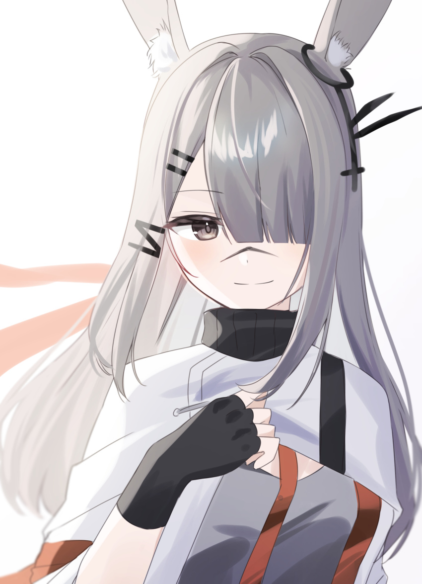 1girl absurdres animal_ears arknights black_gloves blurry cape cleavage_cutout closed_mouth clothing_cutout fingerless_gloves frostnova_(arknights) gloves grey_eyes grey_hair grey_shirt hair_ornament hair_over_one_eye hairclip hand_up high_collar highres light_blush long_hair looking_at_viewer nishimiya_aki one_eye_covered rabbit_ears rabbit_girl scar scar_on_face scar_on_nose shirt smile solo split_mouth upper_body white_background white_cape