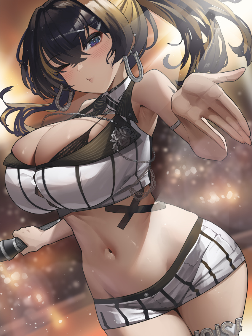1girl absurdres arm_strap bare_shoulders between_breasts black_hair black_necktie blonde_hair blue_eyes blush breasts cleavage colored_inner_hair commission cropped_shirt dark-skinned_female dark_skin earrings gloomyowl goddess_of_victory:_nikke hair_ornament hairclip high_ponytail highres holding holding_microphone jacket jewelry large_breasts microphone midriff multicolored_hair navel necktie necktie_between_breasts noise_(classic_diva)_(nikke) noise_(nikke) official_alternate_costume one_eye_closed pixiv_commission shorts solo stomach streaked_hair striped_clothes striped_shorts white_jacket white_shorts