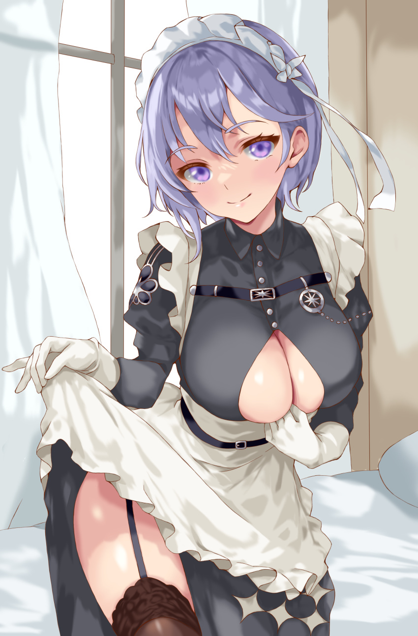 1girl absurdres apron arm_between_breasts azur_lane bellona_(armed_to_clean)_(azur_lane) bellona_(azur_lane) between_breasts blue_eyes blue_hair breasts chest_belt cleavage clothes_lift clothing_cutout gloves highres holding_apron iwato_(celler) juliet_sleeves lifted_by_self long_sleeves looking_at_viewer maid maid_apron maid_headdress official_alternate_costume puffy_sleeves short_hair skirt skirt_lift smile underboob underboob_cutout white_apron white_gloves