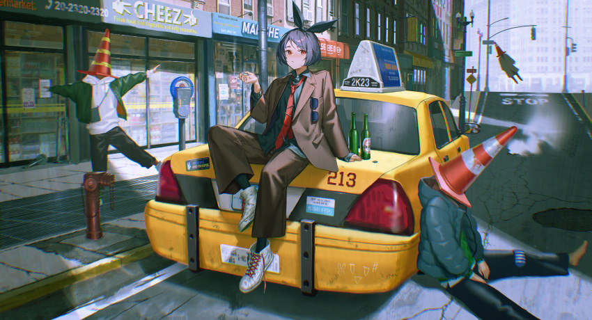 1girl 3boys black_hair bottle bow_hairband brown_jacket brown_pants building cigarette closed_mouth collared_shirt day eyewear_hang fuurin_sou hairband highres holding holding_cigarette jacket long_sleeves multiple_boys necktie open_clothes open_jacket original outdoors pants red_eyes red_necktie road shirt short_hair sitting_on_car street traffic_cone_on_head traffic_light unworn_eyewear white_footwear