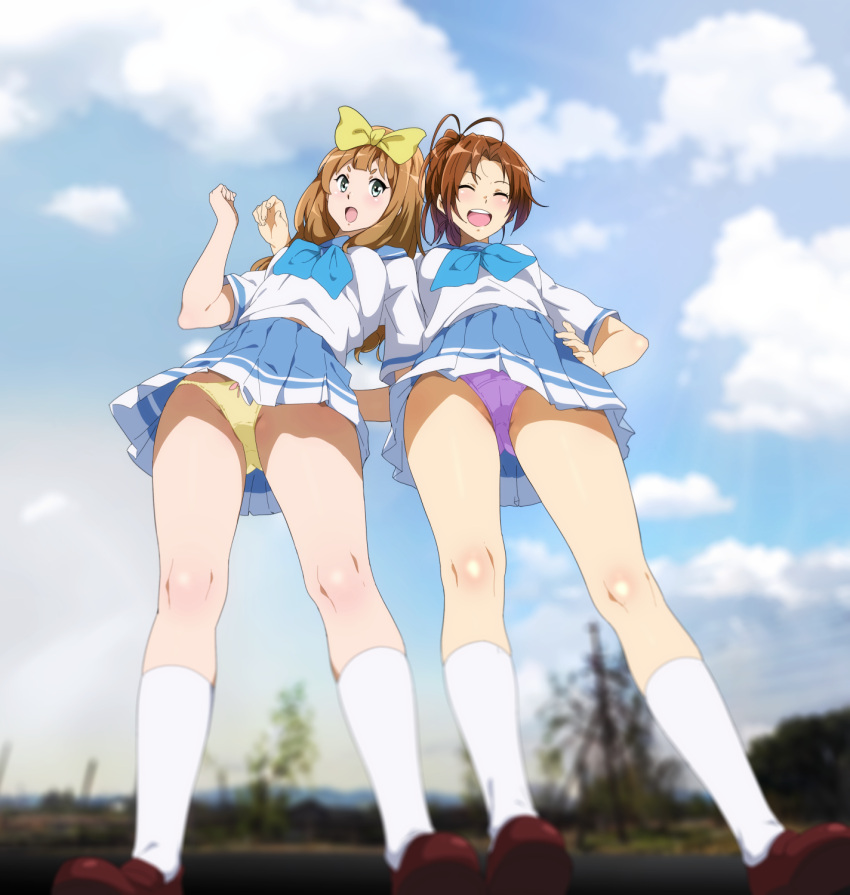 aqua_neckerchief blue_neckerchief blue_sailor_collar blurry blurry_background brown_hair closed_eyes from_below green_neckerchief grey_eyes hair_ribbon hand_on_own_hip hibike!_euphonium highres kitauji_high_school_uniform multiple_girls nakagawa_natsuki neckerchief open_mouth panties pink_panties ponytail ribbon sailor_collar sbel02 school_uniform serafuku smile thighs underwear yellow_panties yellow_ribbon yoshikawa_yuuko