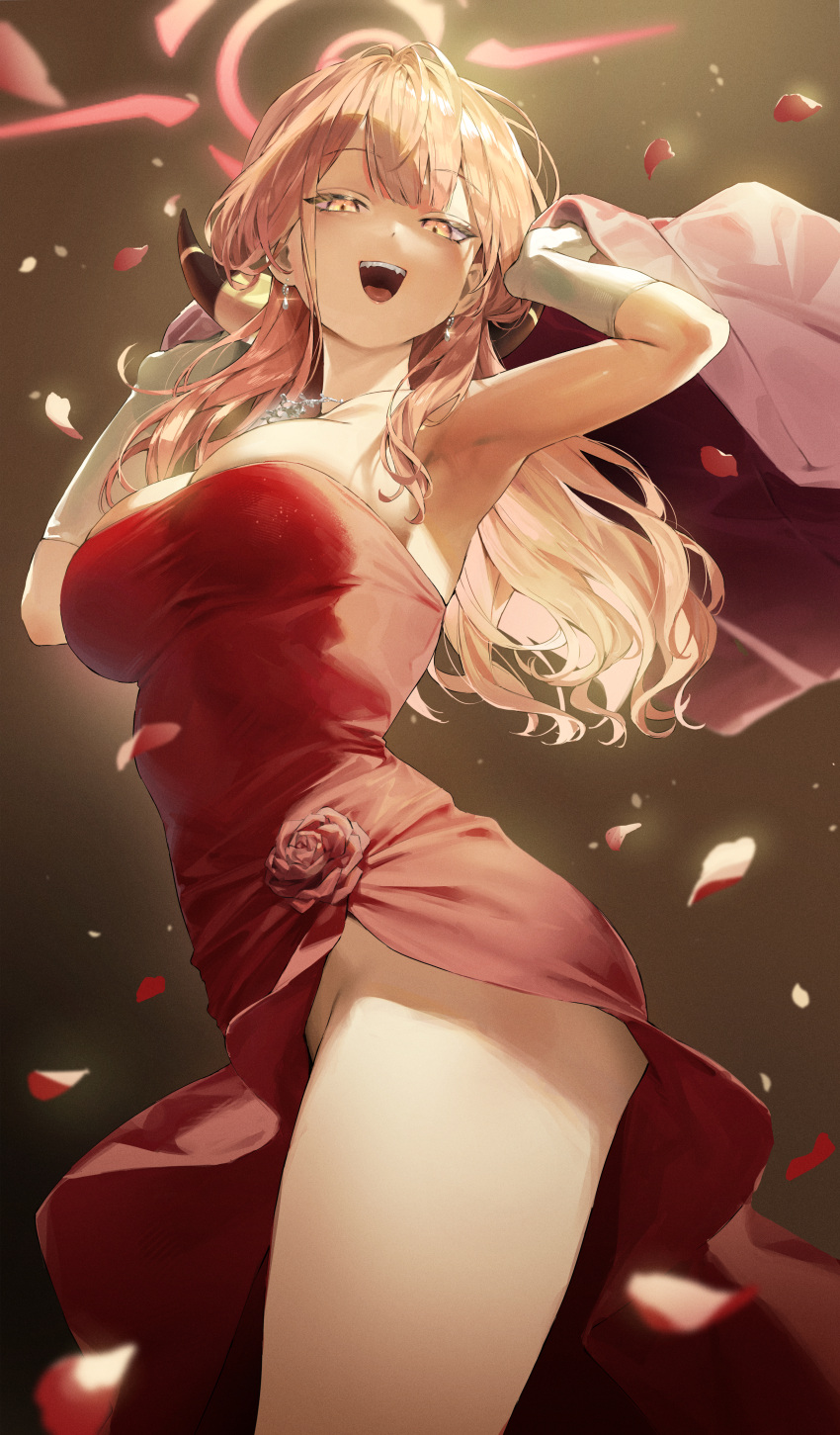 1girl absurdres armpits aru_(blue_archive) aru_(dress)_(blue_archive) ass blue_archive blush breasts brown_horns cowboy_shot demon_horns dress earrings gloves halo highres horns jewelry kuroi_suna large_breasts long_hair looking_at_viewer necklace open_mouth petals pink_hair pink_halo smile solo strapless strapless_dress white_gloves yellow_eyes