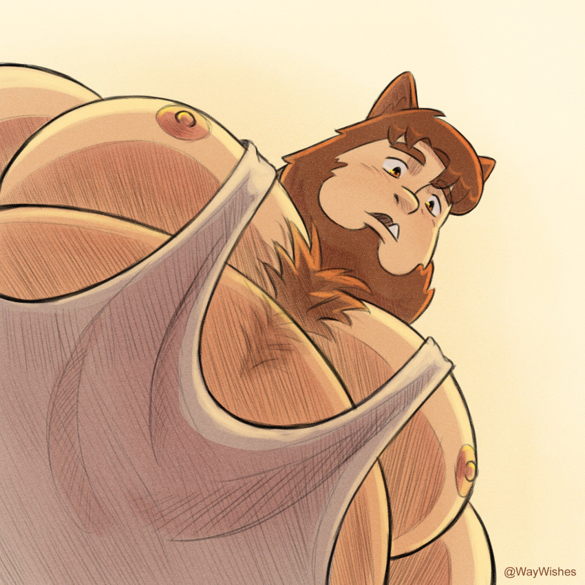 1boy animal_ear_request bara belly brown_hair fat fat_man foreshortening from_below highres huge_pectorals light_smile looking_at_viewer looking_down male_focus meme nipple_slip nipples original parted_lips pectoral_cleavage pectoral_focus pectorals photo-referenced short_hair sidepec solo sparse_chest_hair tank_top thick_eyebrows tusks upper_body white_tank_top wilky_way_wishes yur_oc_like_this_(meme)